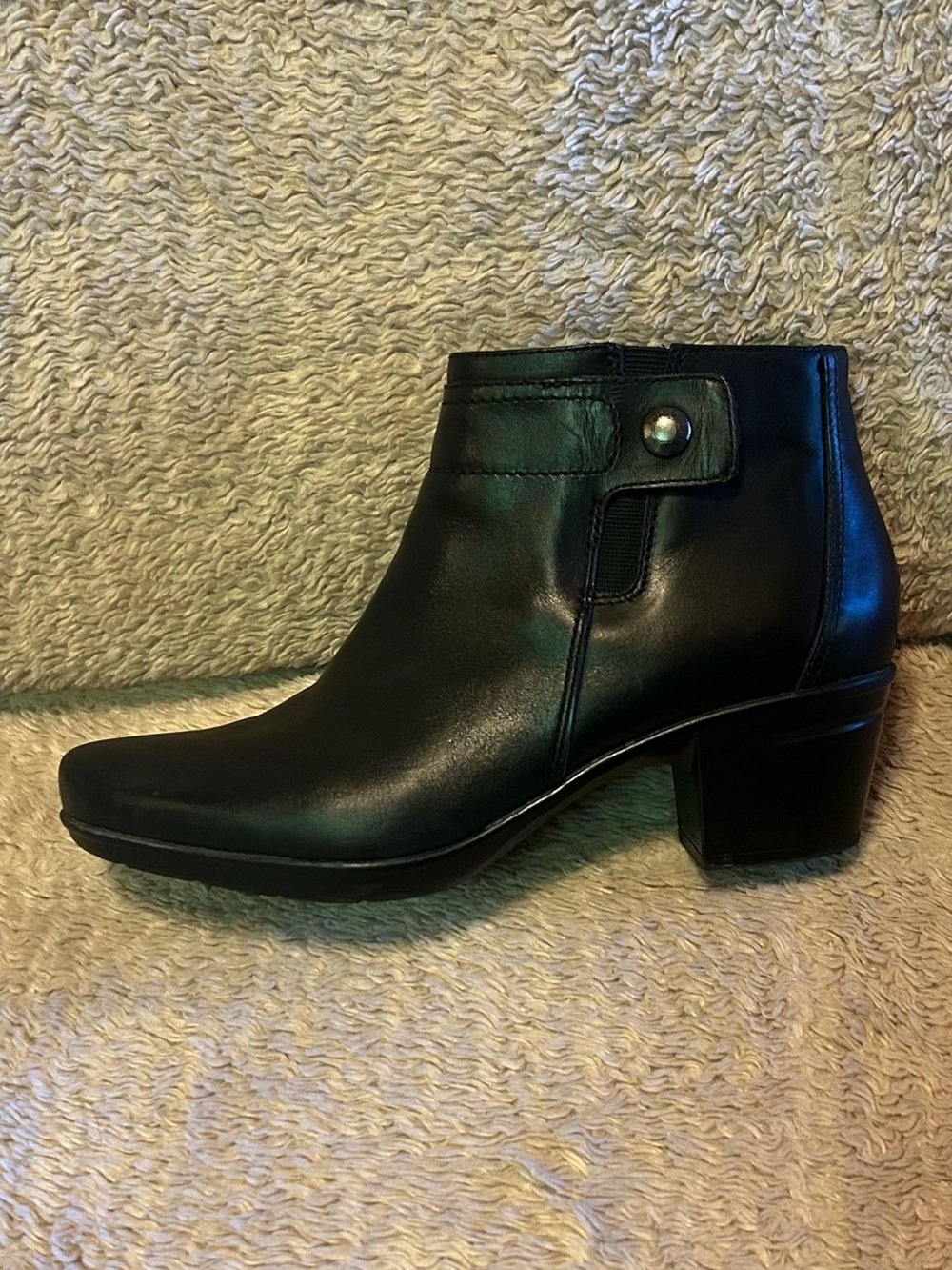 Clarks Black Leather Ankle Boot with Low Block Heel